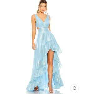 Mac Duggal CUT OUT HIGH LOW RUFFLE GOWN powder blue size 8 NWT Not altered